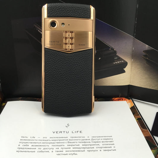 VERTU ASTER P BLACK 18K Gold Plated Calf Hide Dual Sim Card Phone