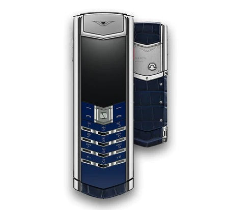 هاتف محمول Vertu Signature S باللون الفضي وجلد التمساح باللون الأزرق ولوحة مفاتيح